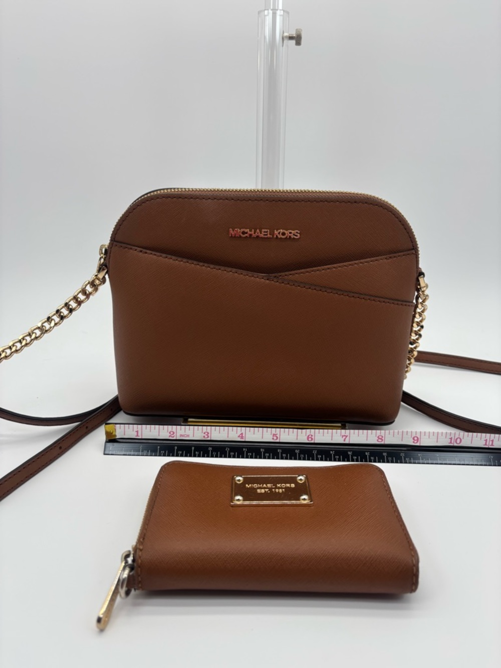 Michael Kors Brown Saffiano Crossbody with Gold Chain with wallet #001